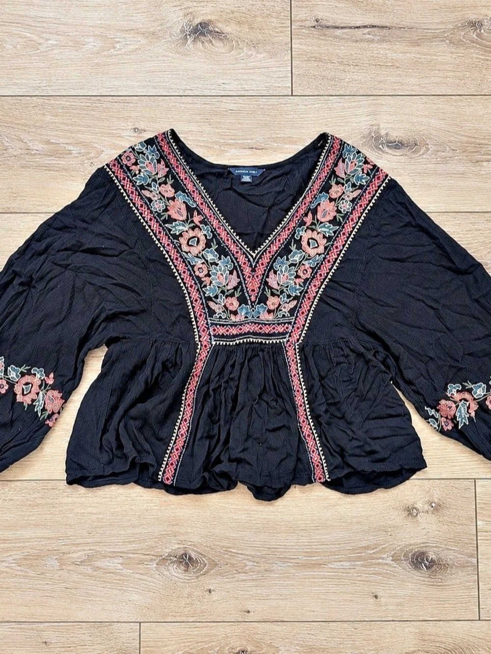 American Eagle Women’s Small Black Embroidered Boho Peplum Blouse